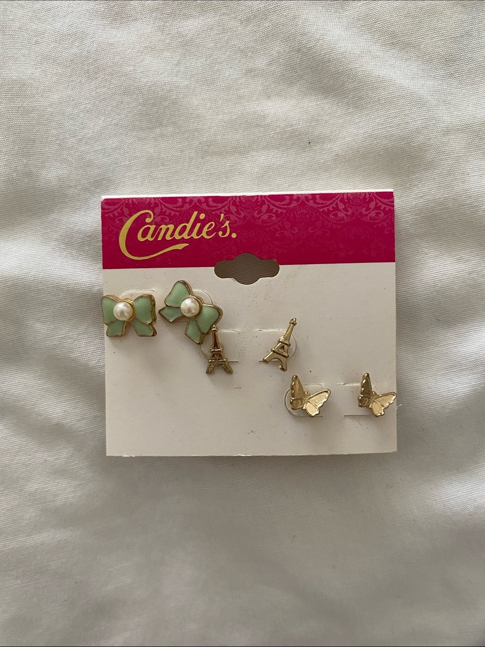 Candie's Mint Green Bow, Gold Eiffel Tower & Butterfly Studs